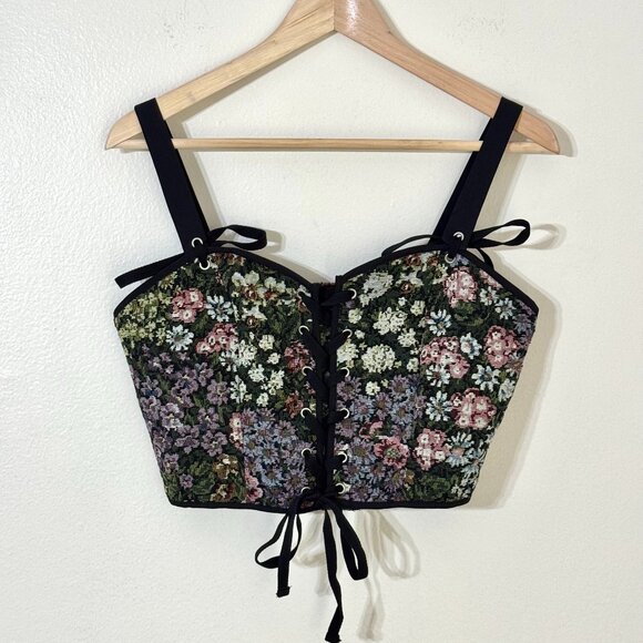 Floral Tapestry Corset Lace-Up Crop Top Fairy Romantic Ren Fair Regency Witchy - Picture 1 of 11